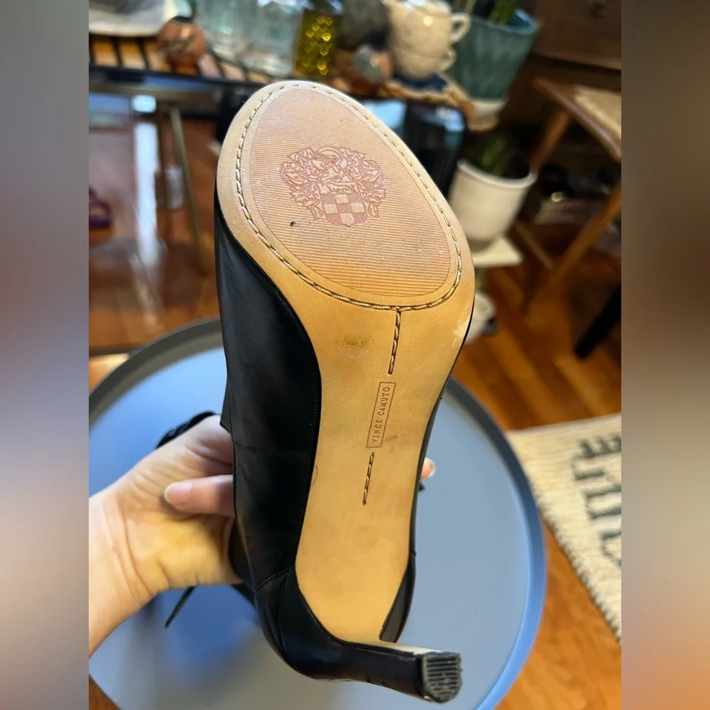 Vince Camuto Black Leather Peep-Toe Ankle-Strap Stilettos - Picture 12 of 16